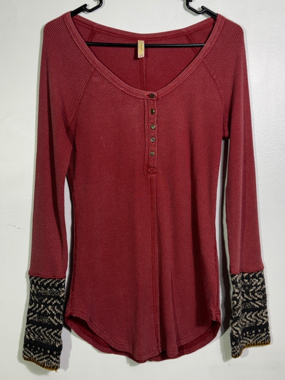 Free People Red Waffle Knit Henley Top Fair Isle Cuffs Boho Apres Ski Size Med